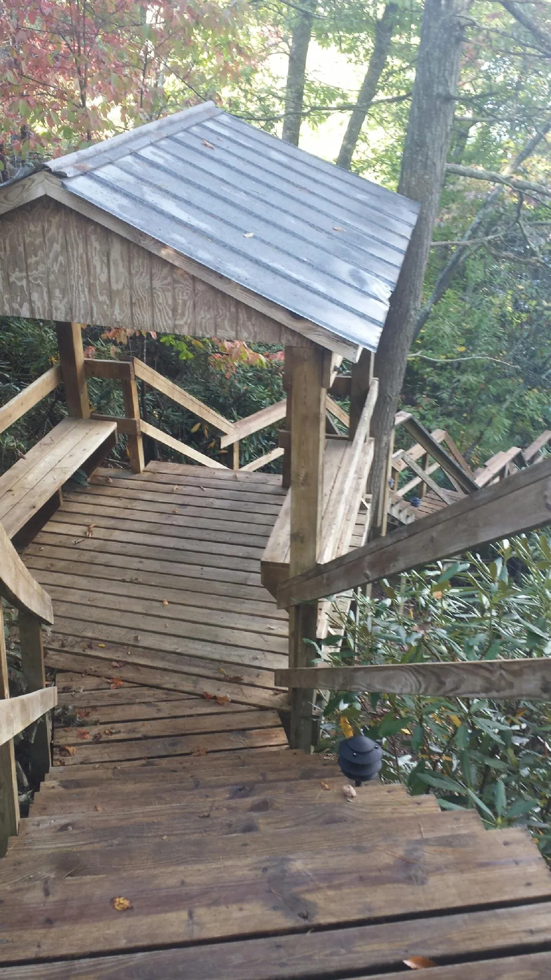 Metal roofed shelter over wooden steps on a wooded walkway — Skylight Repair & Installation work by our crew in Black Earth